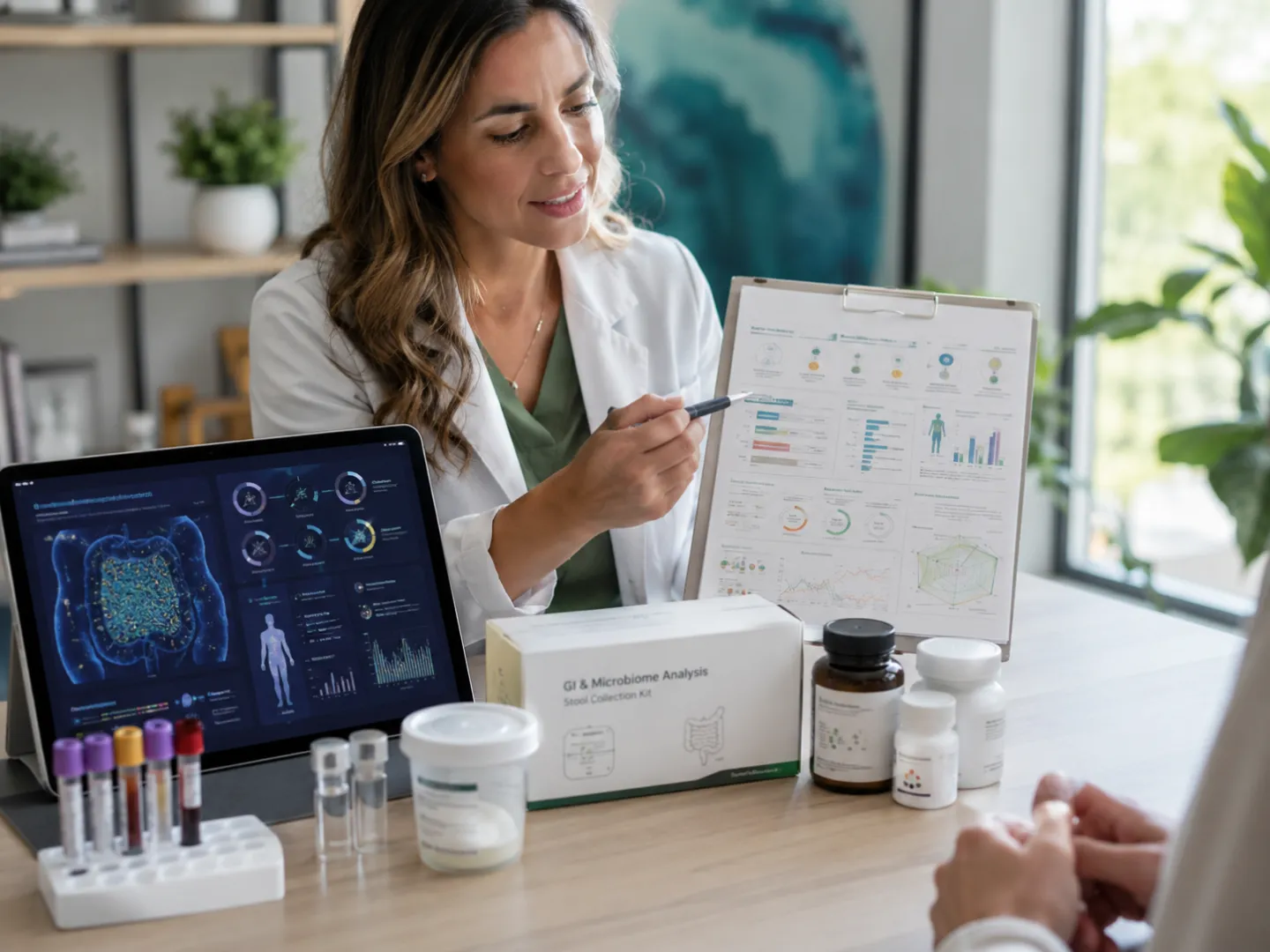 Functional medicine practitioner reviewing advanced microbiome testing and lab results with a patient.