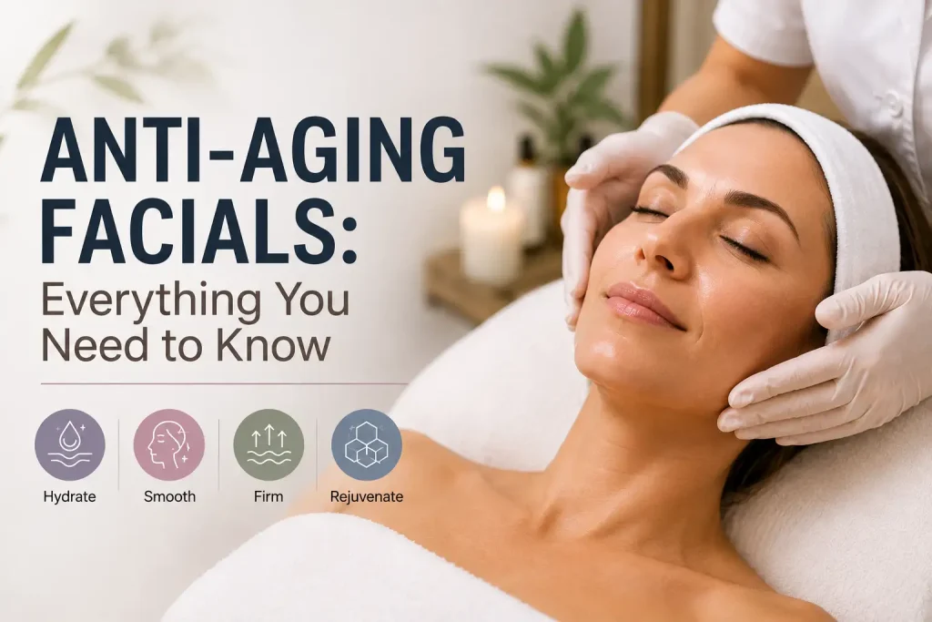 Woman receiving a professional anti-aging facial treatment to hydrate, smooth, firm, and rejuvenate the skin.