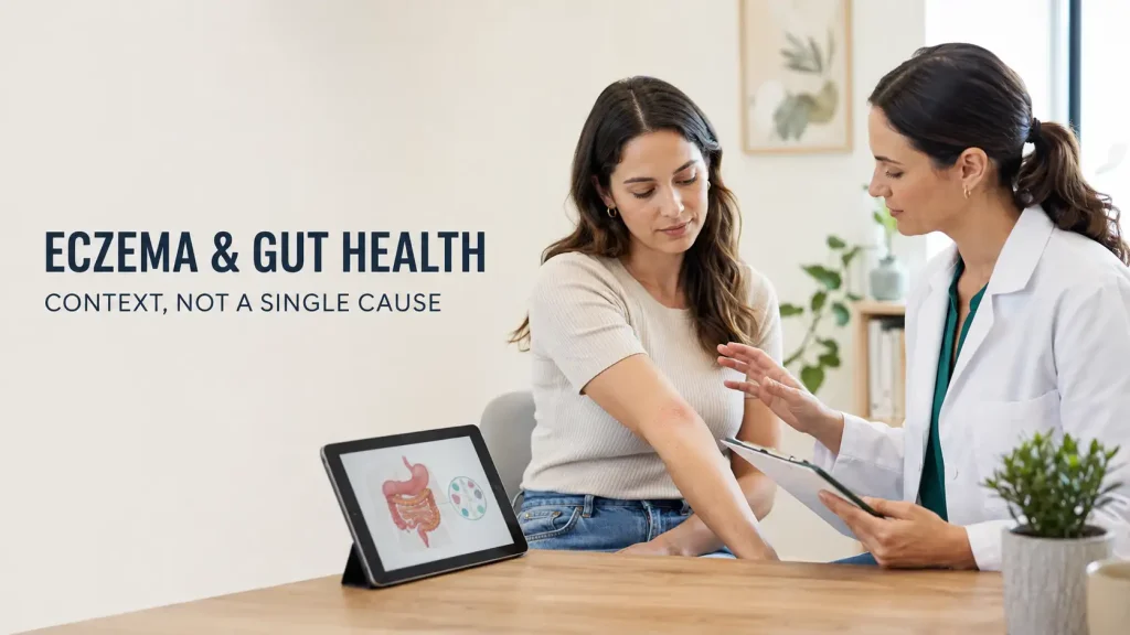 Woman receiving an eczema evaluation while discussing gut health with a medical provider.