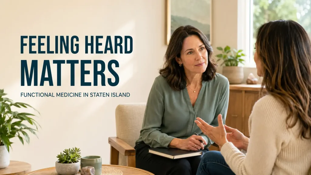 Female functional medicine doctor in Staten Island listening attentively to a patient during a consultation.