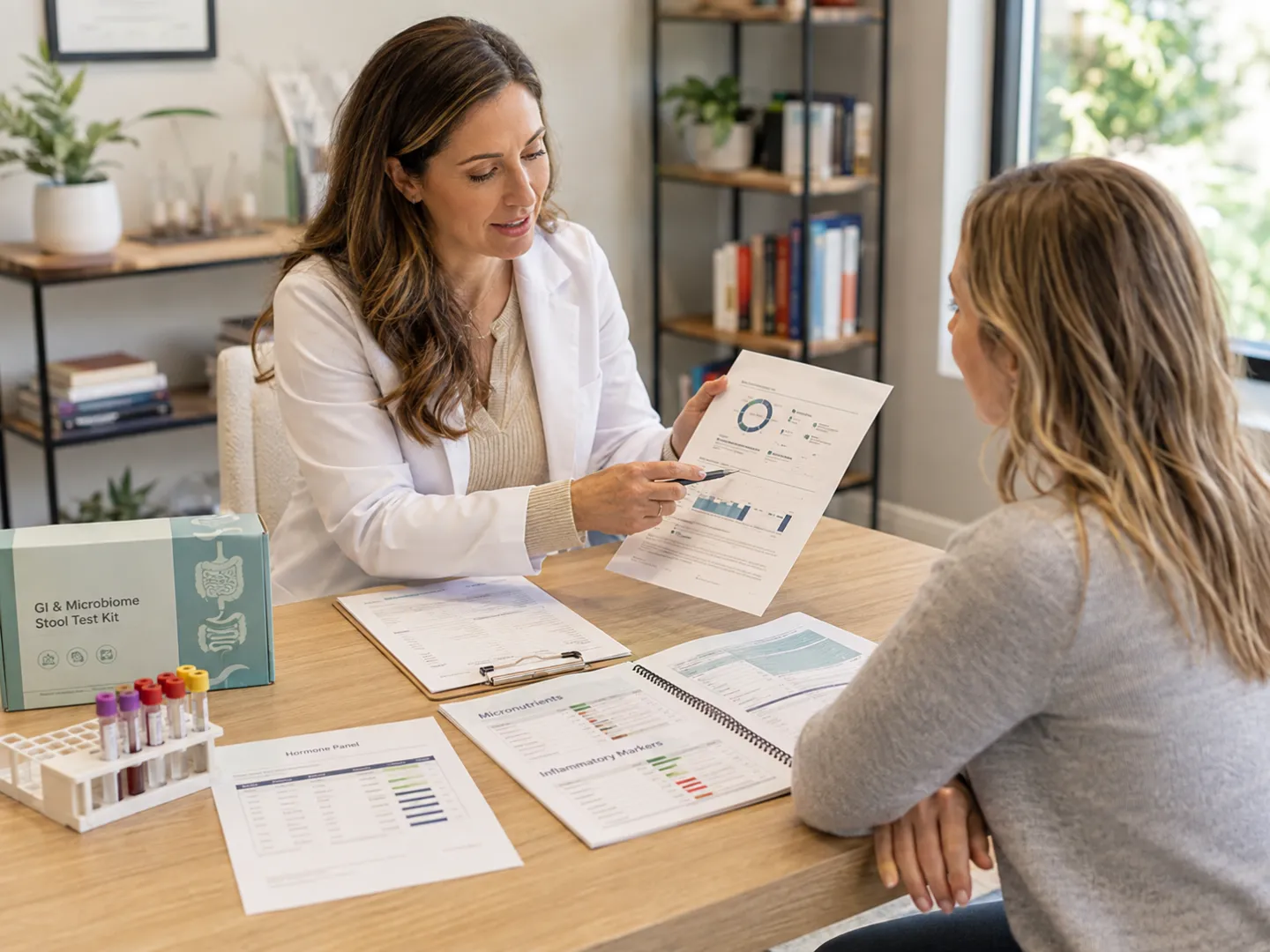 Comprehensive functional medicine evaluation reviewing GI-MAP, hormone panels, micronutrients, and inflammatory markers with a patient.