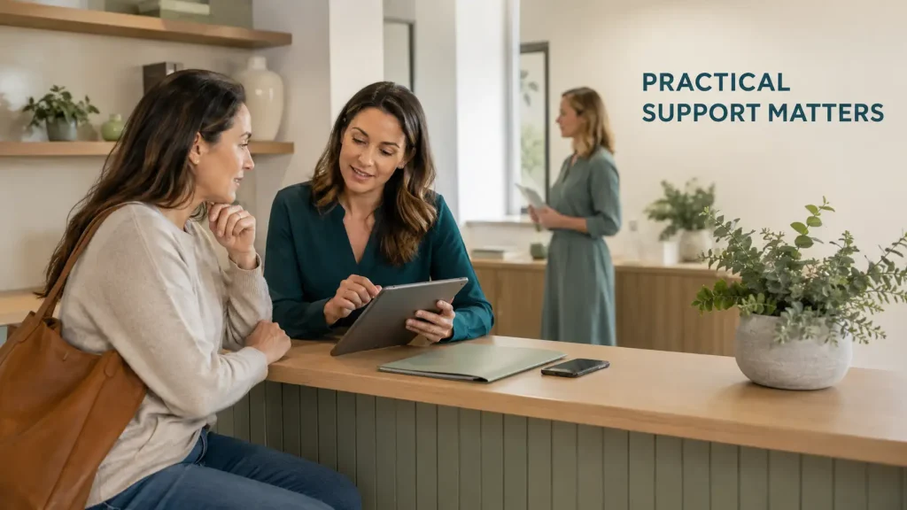 Functional medicine office coordinator helping a patient with scheduling, referrals, and follow-up care.