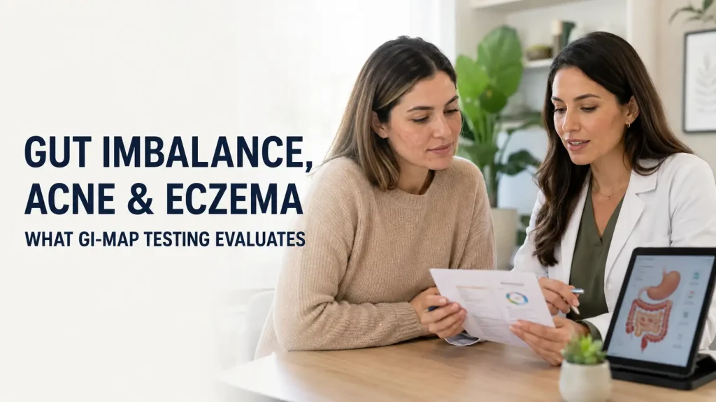 Woman discussing gut imbalance, acne, eczema, and GI-MAP testing with a medical provider.