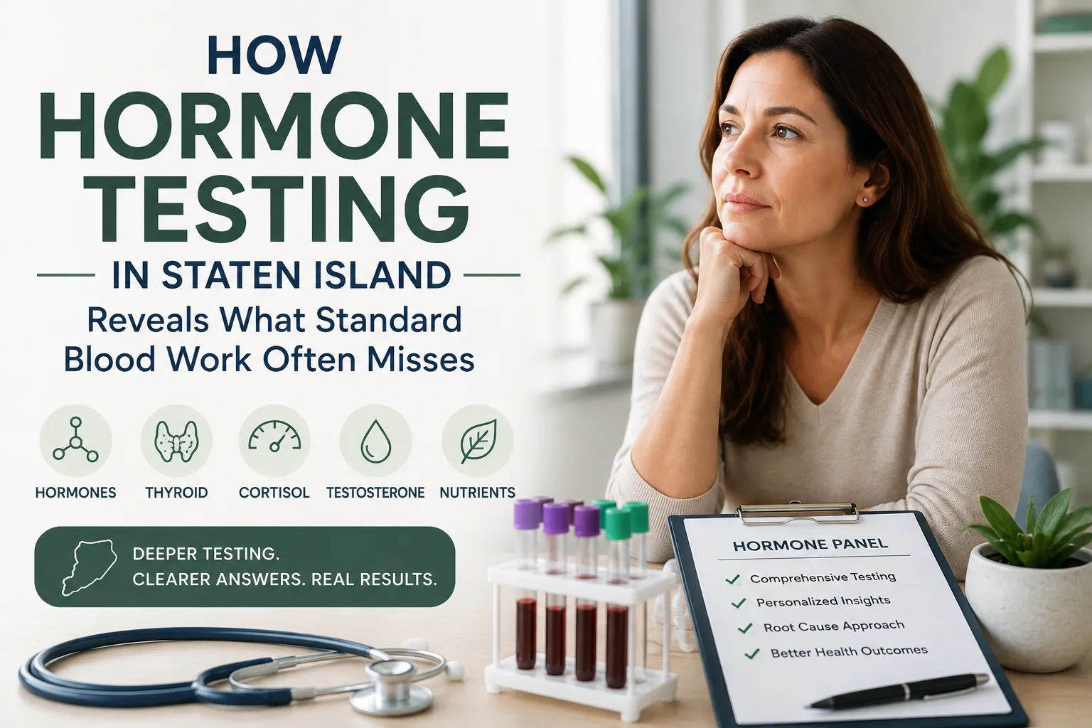 Hormone testing in Staten Island for evaluating hormone balance, thyroid health, cortisol, testosterone, and related symptoms.