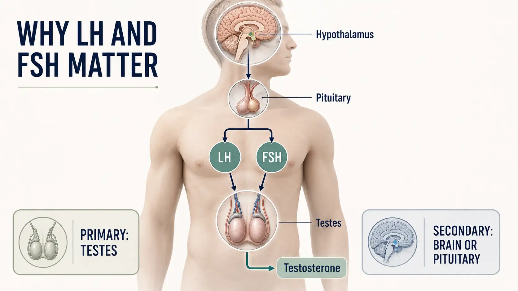 Medical diagram showing how pituitary LH and FSH signal the testes and help identify the cause of low testosterone.