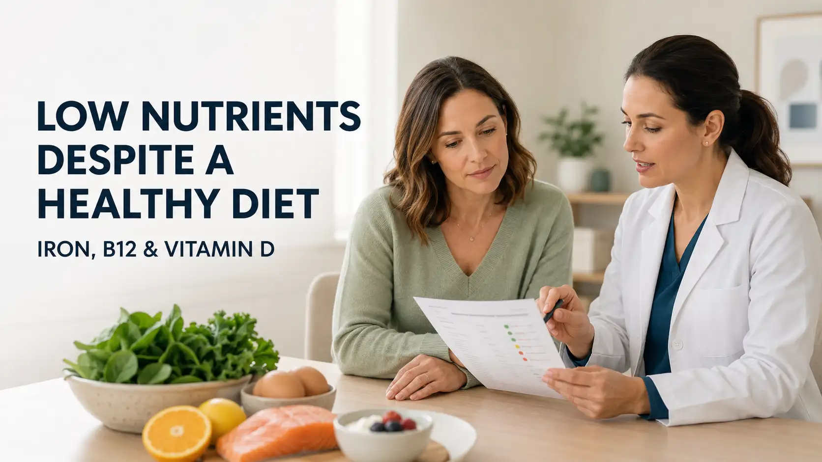 Woman reviewing low iron, vitamin B12, and vitamin D results with a medical provider despite eating a healthy diet.