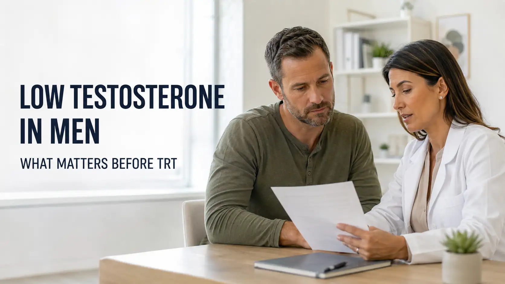 Man reviewing low testosterone symptoms and lab results with a medical provider before TRT.