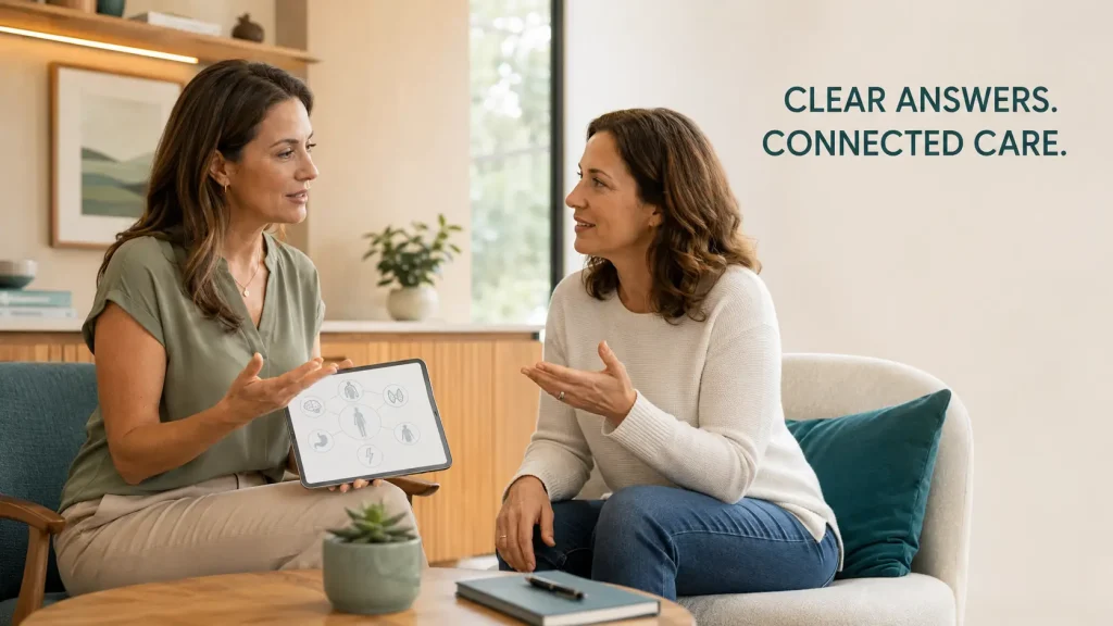 Functional medicine provider giving a patient clear answers about connected health concerns during a consultation.