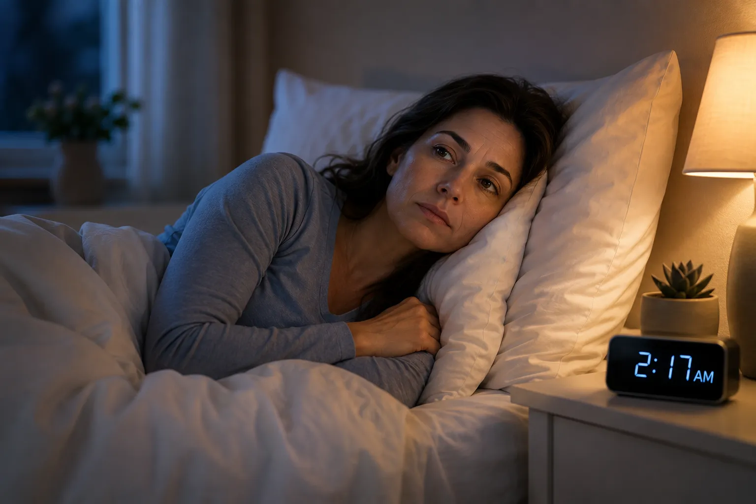 Woman over 35 experiencing poor sleep related to estrogen and progesterone imbalance