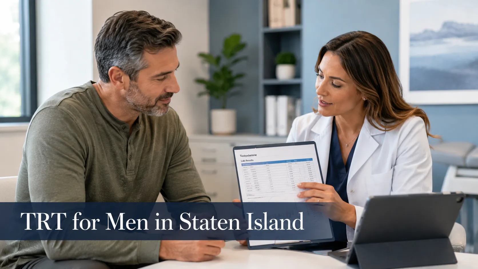 TRT for men in Staten Island consultation with testosterone lab results and personalized treatment planning.