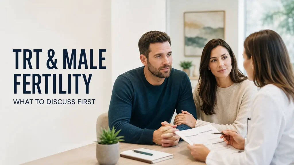 Man and his partner discussing how TRT may affect male fertility with a medical provider.
