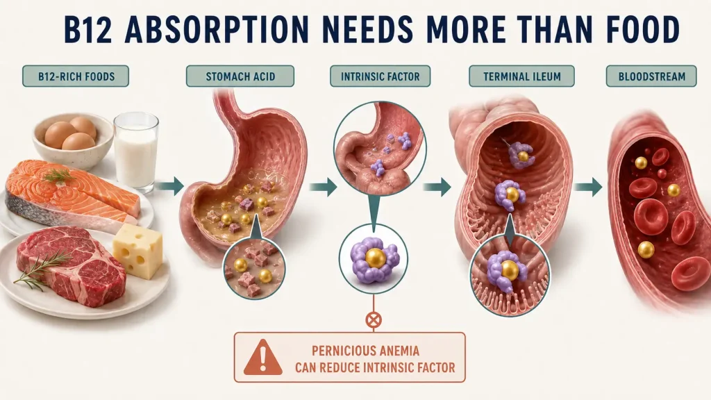 Medical diagram showing vitamin B12 absorption from food through stomach acid and intrinsic factor to the terminal ileum and bloodstream.
